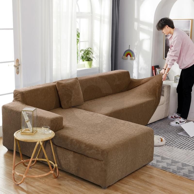 installation housse de canapé d'angle microfibre fleur marron