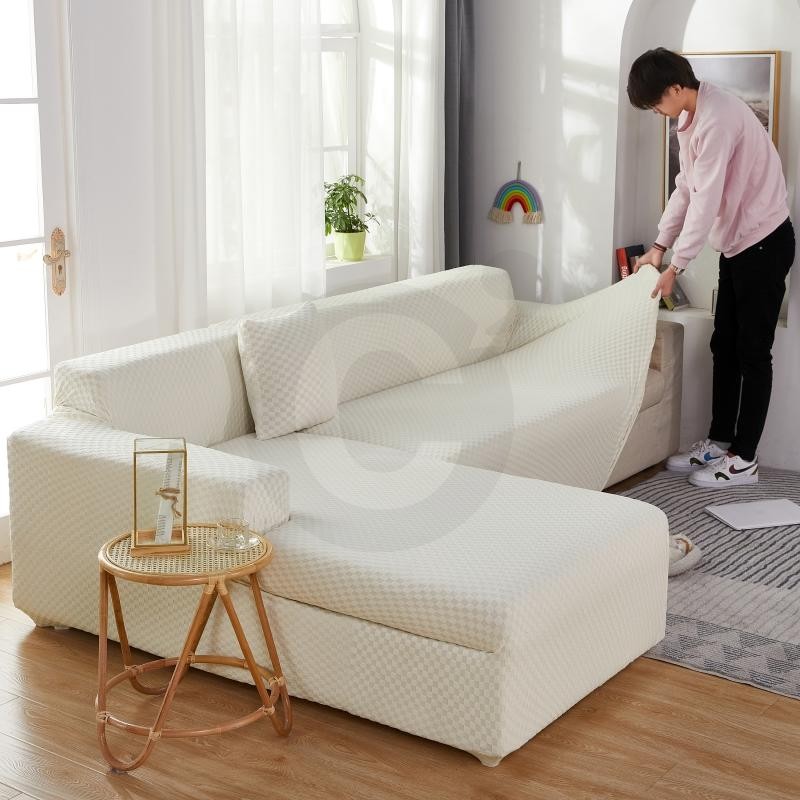 installation housse de canapé d'angle microfibre blanc