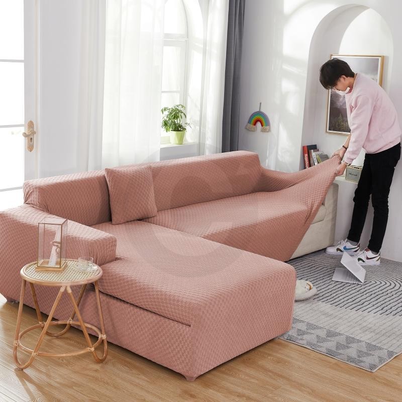installation housse de canapé d'angle microfibre rose