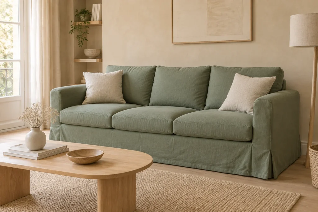 Canapé couvert d’une housse vert sauge devant un mur beige chaud, avec coussins en lin et table en chêne clair
