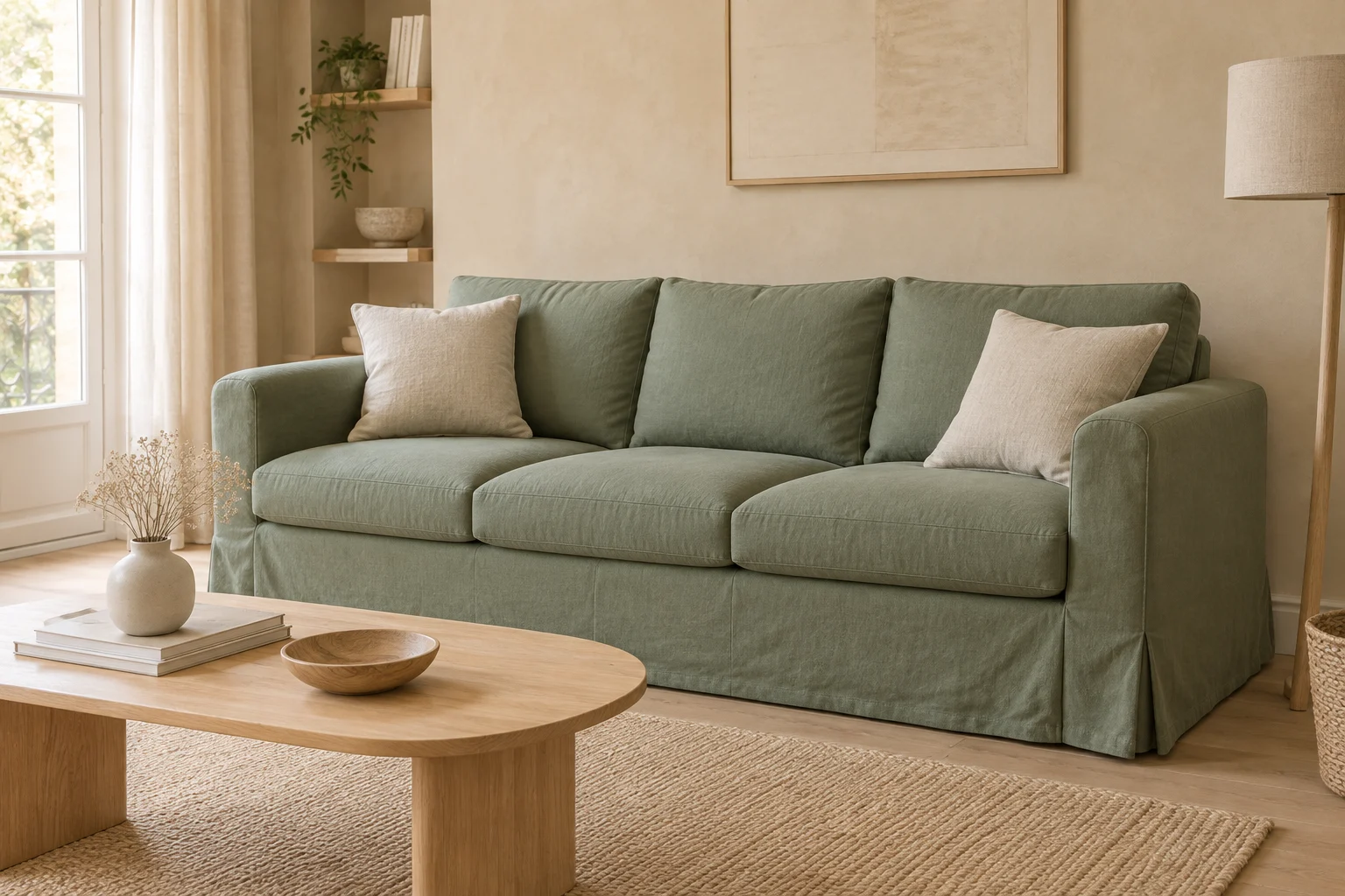 Canapé couvert d’une housse vert sauge devant un mur beige chaud, avec coussins en lin et table en chêne clair