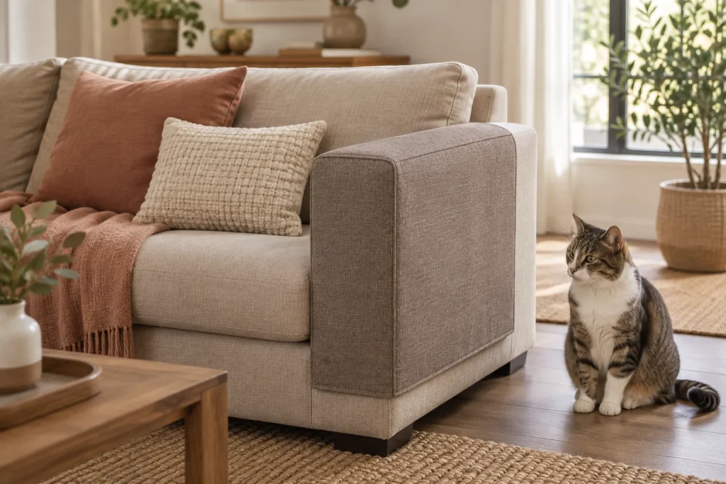 Manchon textile taupe ajusté sur l'accoudoir d'un canapé beige, avec un chat assis à proximité
