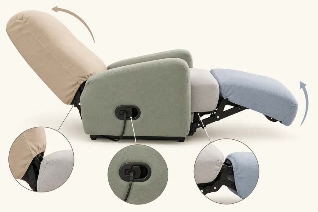 Schéma d’un fauteuil relax indiquant le dossier, l’assise, les accoudoirs, le repose-jambes, la commande et les zones mobiles à laisser libres
