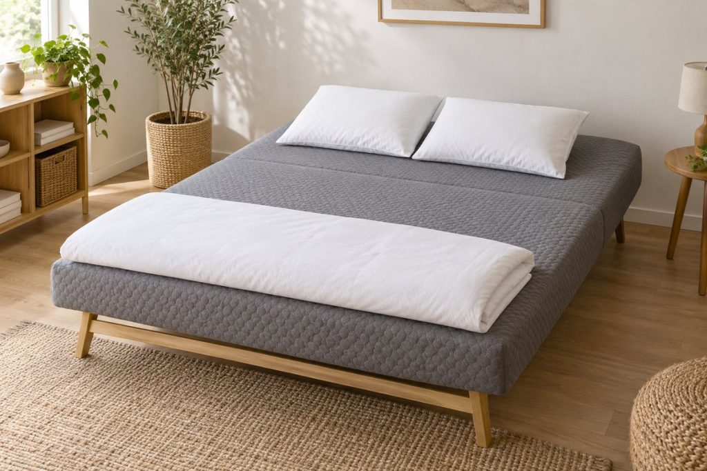 Clic-clac déplié en lit, couvert d'une housse matelassée grise ajustée sans pli
