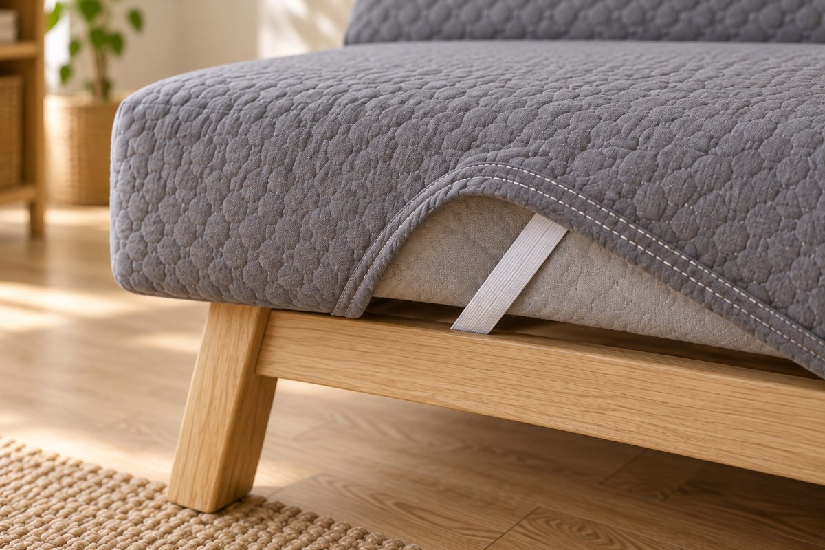 Gros plan d'un angle de housse de clic-clac avec double couture et élastique de socle