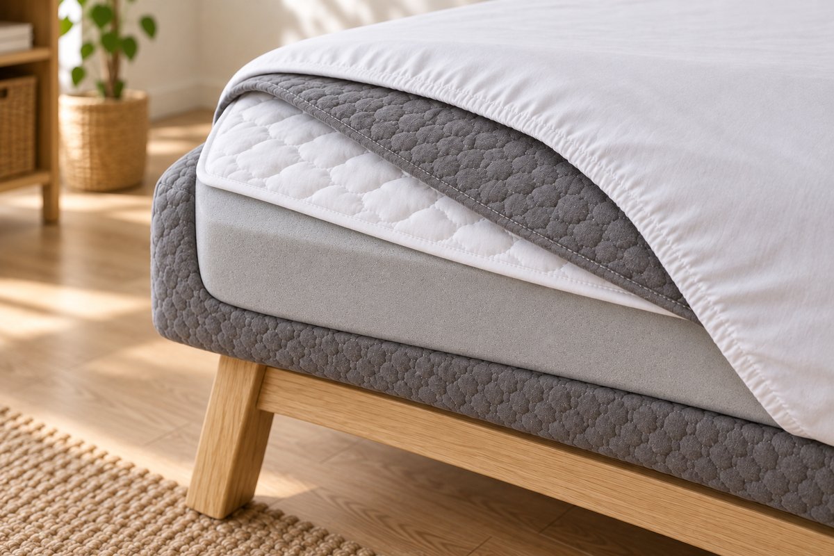 Coin de clic-clac replié montrant matelas, protège-matelas, housse grise et drap housse