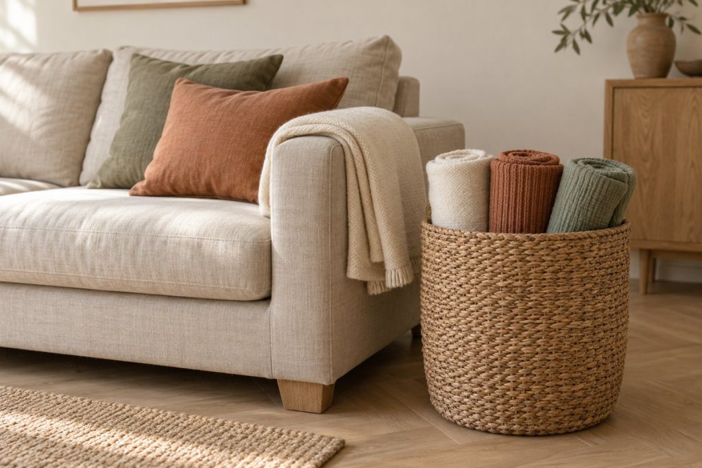 Panier en jonc de mer avec trois plaids roulés au pied d'un canapé beige