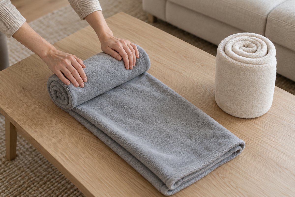 Mains enroulant un plaid polaire gris plié en trois sur une table basse