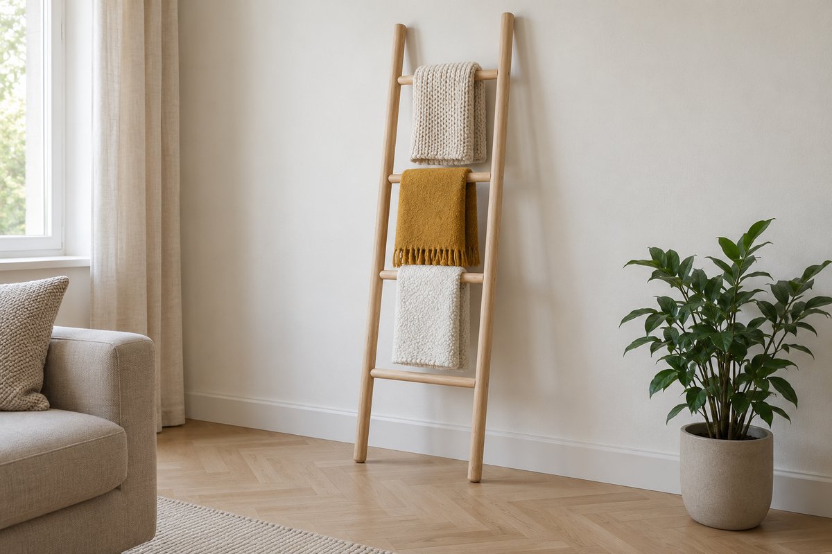 Échelle en bois clair appuyée au mur avec trois plaids épais pliés