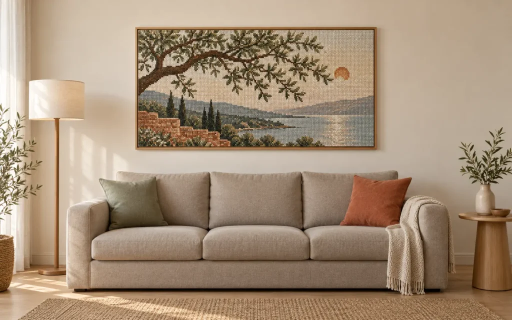 Tableau diamant horizontal accroché au-dessus d’un canapé uni dans un salon épuré